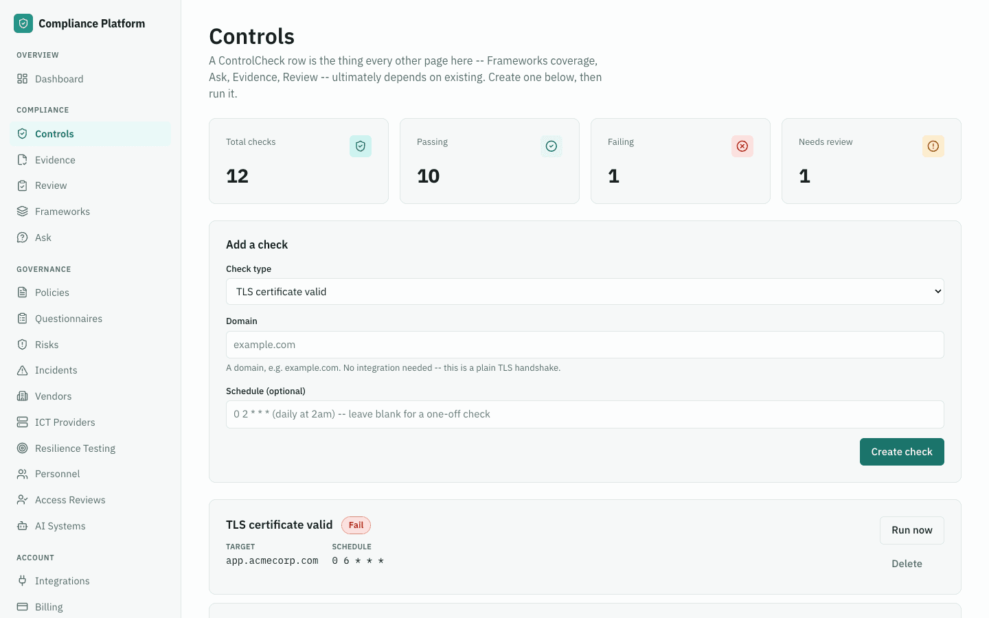 The controls page for a demo organization, showing total, passing, failing, and needs-review check counts, a form to add a new check, and the first configured check